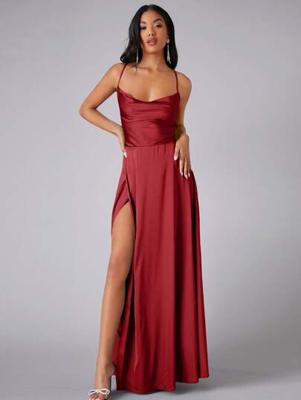 Bon&Bon Lilac Satin Bridesmaid Dress | Cowl Neck Maxi Gown with Split Burgundy / XL