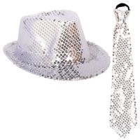 Carnaval verkleed set hoed met stropdas zilver glitters - thumbnail