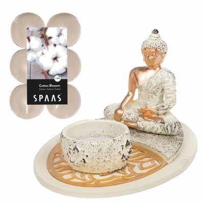 Boeddha beeld voor binnen 15 cm met 12x geurkaarsen Cotton Blossom