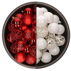 74x stuks kunststof kerstballen mix van rood en wit 6 cm - Kerstbal