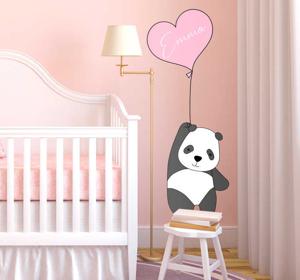 Muurstickers baby Panda en ballon met naam