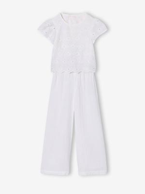 Jumpsuit broek voor meisjes in Engels borduurwerk wit