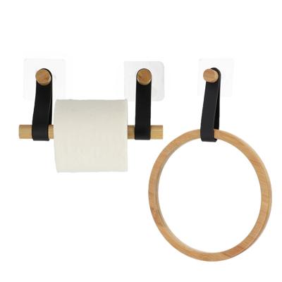 Badkamer set toiletrolhouder en handdoekhaak - zelfklevend - zwart - bamboe/kunstleer - zonder boren