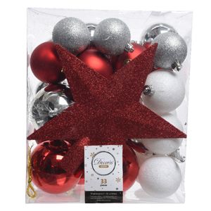 33x Rood/wit/zilveren kerstballen met piek 5-6-8 cm kunststof