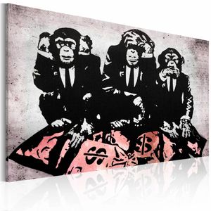 Schilderij - Banksy - Geld is een probleem , zwart wit roze , wanddecoratie , premium print op canvas