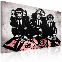 Schilderij - Banksy - Geld is een probleem , zwart wit roze , wanddecoratie , premium print op canvas - thumbnail