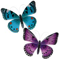 Wanddecoratie vlinders - 2x stuks - aqua en paars - 34 x 28 cm - metaal - muurdecoratie tuin