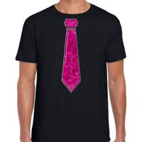 Verkleed t-shirt voor heren - stropdas roze - pailletten - zwart - carnaval - foute party - thumbnail