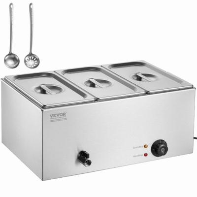 VEVOR Commerciële Voedselverwarmer 16,5L Voedselcontainers 3 x 1/3 Maat, Elektrische Verwarmingsplaat, 1200W Professioneel Buffet Waterbad Gemaakt van Roestvrij Staal, Buffet Bain Marie, 30-85°C Zilver