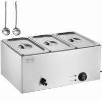 VEVOR Commerciële Voedselverwarmer 16,5L Voedselcontainers 3 x 1/3 Maat, Elektrische Verwarmingsplaat, 1200W Professioneel Buffet Waterbad Gemaakt van Roestvrij Staal, Buffet Bain Marie, 30-85°C Zilver