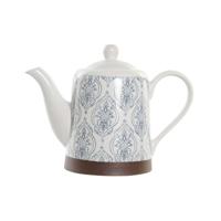 Theepot DKD Home Decor Blauw Wit Bruin Rubberwood Keramiek