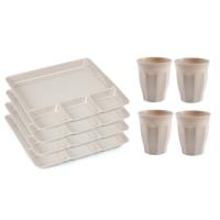 Plasticforte Vakjesborden 6x - met bekers 6x - beige - kunststof - gourmetborden - bbq servies