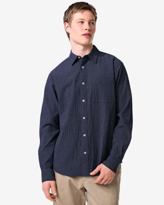 HEMA Herenoverhemd Maurice seersucker blokken donkerblauw (donkerblauw)