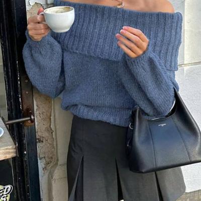 Bon&Bon Women's Off-Shoulder Loose Casual Sweater - Dark Grey Knit Blue / M