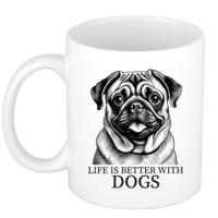 Cadeau mok voor honden liefhebbers - Mopshondje - wit - pentekening - keramiek - 300 ml