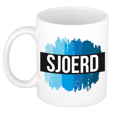 Sjoerd naam cadeau koffie mok - beker - met blauw verfstrepen - Cadeau collega - vaderdag