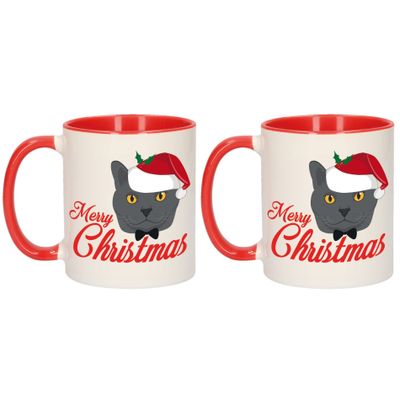 Set van 2x stuks Merry Christmas kerstcadeau kerstmokken rood met grijze kat 300 ml