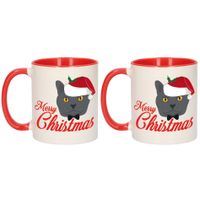 Set van 2x stuks Merry Christmas kerstcadeau kerstmokken rood met grijze kat 300 ml