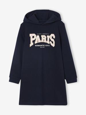 Meisjesjurk van sweatstof met capuchon en mooie details marineblauw