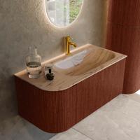 Badmeubel Mondiaz Kurve-Dlux | 95 cm | Meubelkleur Ruby | Wastafelkleur Arena | Solid surface | Wasbak rechter zijde spoelbak | 1 kraangat