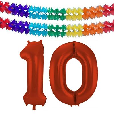 Folat Verjaardag Leeftijd folieballon - 10 jaar - rood - 86 cm - incl 2x slingers