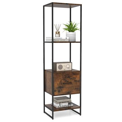 5-Vaks Boekenkast met Lade Hoge en Smalle Boekenkast met Legplanken Metalen Frame en Dubbele Anti-Kantelsets Vrijstaande Displayplank