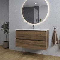 Saniclass Chaci Badkamermeubelset - 100x46x55cm - keramische wastafel wit - 1 ovale wasbak - 1 kraangat - 2 lades - ronde spiegel met verlichting - noten (hout) SW1212772/SW718718/SW161922