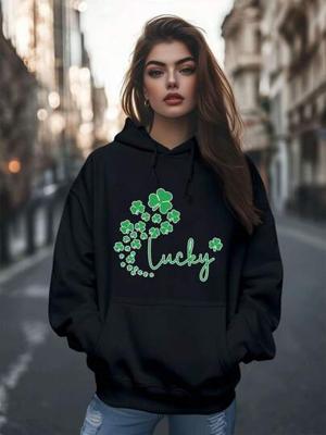 Bon&Bon Women's St. Patrick's Day Clover Hoodie - Loose Fit Sweatshirt Black / XL