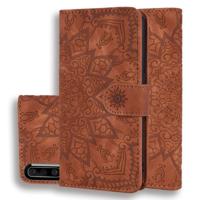 Voor Galaxy A30s/A50s kalf patroon Mandala dubbele vouwen ontwerp reliëf lederen draagtas met portemonnee & houder & kaartsleuven (bruin)