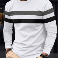 Men's Colorblock Striped Long Sleeve T-Shirt - Round Neck Top White / XXL
