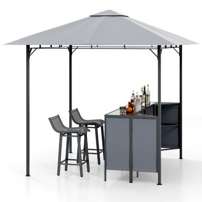 Grillpaviljoen met Bar en 2 Stoelen Tuinpaviljoen met Dubbele Dak 3-delig Bar set Grijs