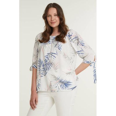 z-one off shoulder top Lotty met bladprint en plooien lichtgrijs/donkerblauw/koraalrood z-one off shoulder top Lotty met bladprint en plooien lichtgrijs/donkerblauw/koraalrood