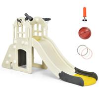 6-in-1 Grote Glijbaan voor Kinderen Klimglijbaan voor Peuters met Basketbalring/Bal/Ringworp/Telescoop Binnen en Buiten (Geel)