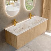 Badmeubel Mondiaz Kurve-Dlux | 130 cm | Meubelkleur Oak | Wastafelkleur Glace | Solid surface | Dubbele spoelbak | 2 kraangaten