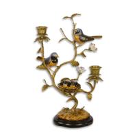 A TWO-BRANCH BRONZE CANDELABRUM MOUNTED WITH PORCELAIN BIRDS A TWO-BRANCH BRONZE CANDELABRUM MOUNTED WITH PORCELAIN BIRDS