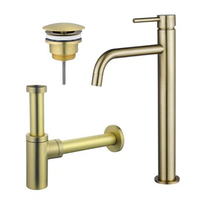 Fortifura Calvi Slim Wastafelkraanset - verhoogde wastafelkraan - always open plug - design sifon - Geborsteld Messing PVD (Goud) SW720546/SW696208/SW696213