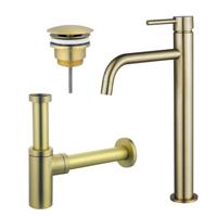 Fortifura Calvi Slim Wastafelkraanset - verhoogde wastafelkraan - always open plug - design sifon - Geborsteld Messing PVD (Goud) SW720546/SW696208/SW696213