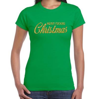 Foute kersttrui t-shirt - voor dames - groen met gouden glitters - Merry Fucking Christmas