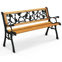 126 cm Lange Tuinbank Parkbank met Gegoten Metalen Frame en Houten Zitting Ergonomische Bank voor 3 Personen Natuur