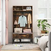 170 cm 4-In-1 Kapstok met Bank en Kussen Open Vakken Haken Schoenenopberger met Klapdeksel Anti-Kantelsets Zwart / Bruin