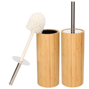 Set van 2x stuks toiletborstel bruin met houder van bamboe 37 cm