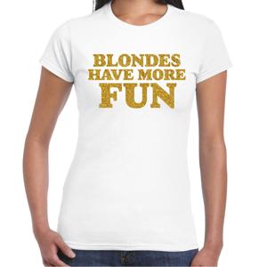 Verkleed T-shirt dames - blondes more fun -  wit - glitter goud - themafeest fout/goud/stout