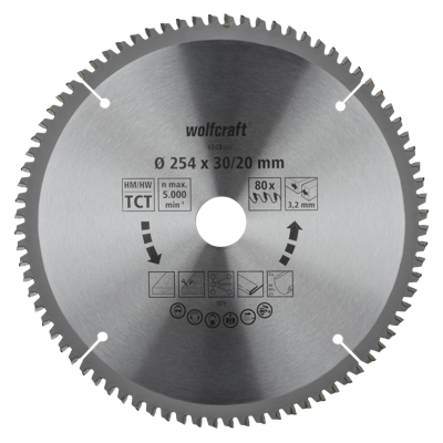 Wolfcraft Kap- en verstekzaagblad | HM | 80 Zähne | Ø254mm | 1 stuk - 6543000
