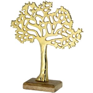 Decoratie levensboom van aluminium op houten voet 30 cm goud