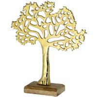 Decoratie levensboom van aluminium op houten voet 30 cm goud - thumbnail