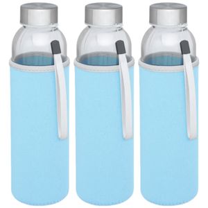 3x stuks glazen waterfles/drinkfles met lichtblauwe softshell bescherm hoes 500 ml