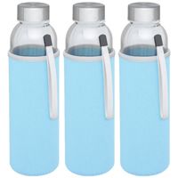 3x stuks glazen waterfles/drinkfles met lichtblauwe softshell bescherm hoes 500 ml - thumbnail