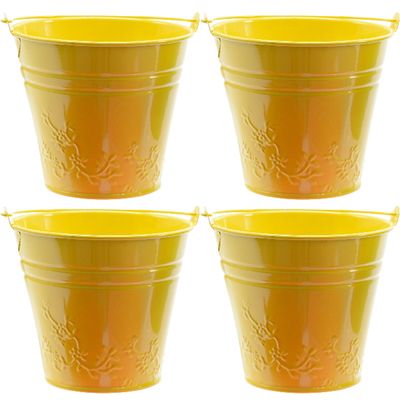 4x bloempotjes/plantenpotjes bloemen relief - zink - D11 x H11 cm - geel