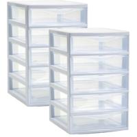 Ladeblokje - bureau organizer - 2x stuks - 5 lades - wit/transparant - L18 x B21 x H28 cm - plastic