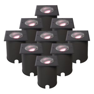 Set van 9 Cody Smart Grondspots Zwart - GU10 5,5 Watt 345 lumen - RGB + WW - Wifi + BLE - Kantelbaar - Overrijdbaar - Vierkant - IP67 waterdicht Gron